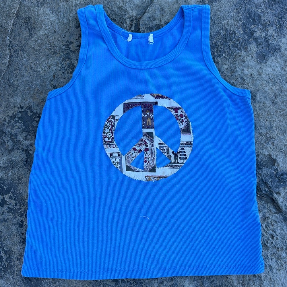 Women’s Large blue upcycled peace sign patchwork tank top handmade boho